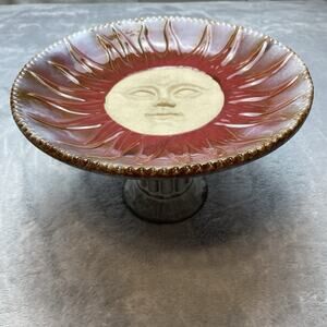 Ceramic‎ Face Sun Pedestal Cake Plate Stand Hand Painted Glazed Boho Pottery